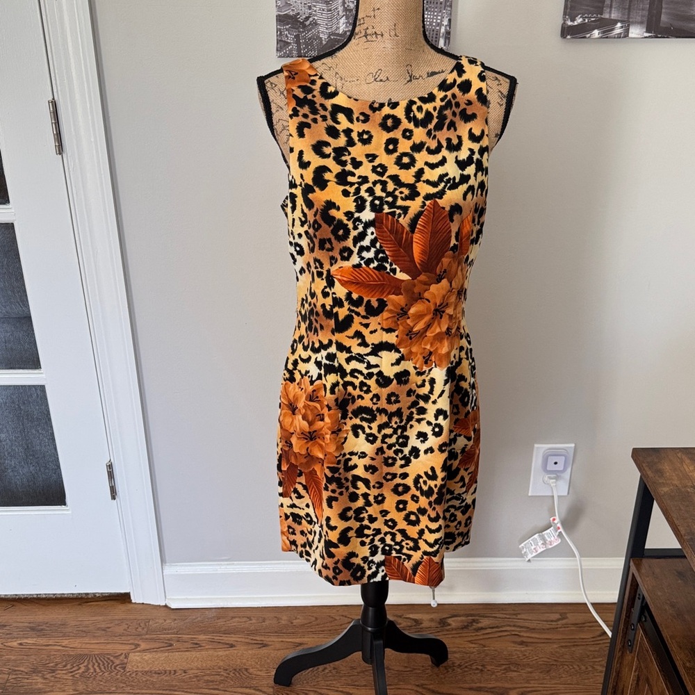 Sleeveless Orange Leopard & Floral Mini Dress
